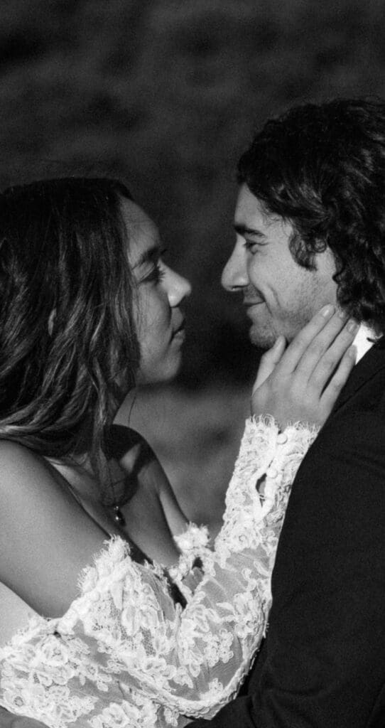 Black and white close-up of a couple sharing a sweet, intimate look during their Grand Teton National Park elopement.