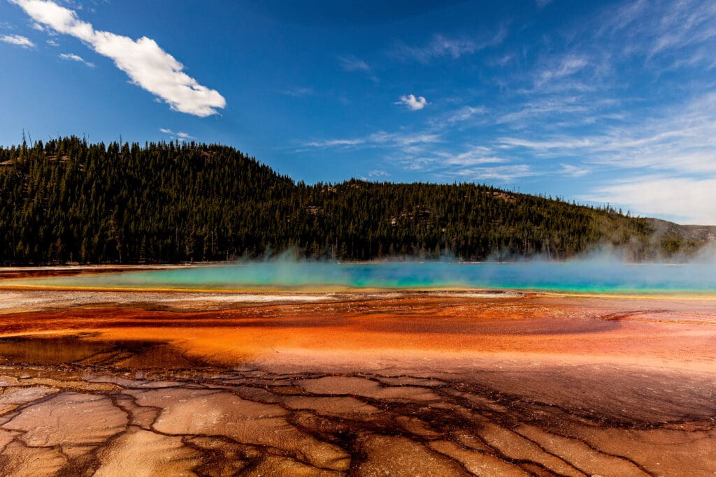 Panoramic view of colorful geothermal hot springs and pools under blue skies in Yellowstone National Park.