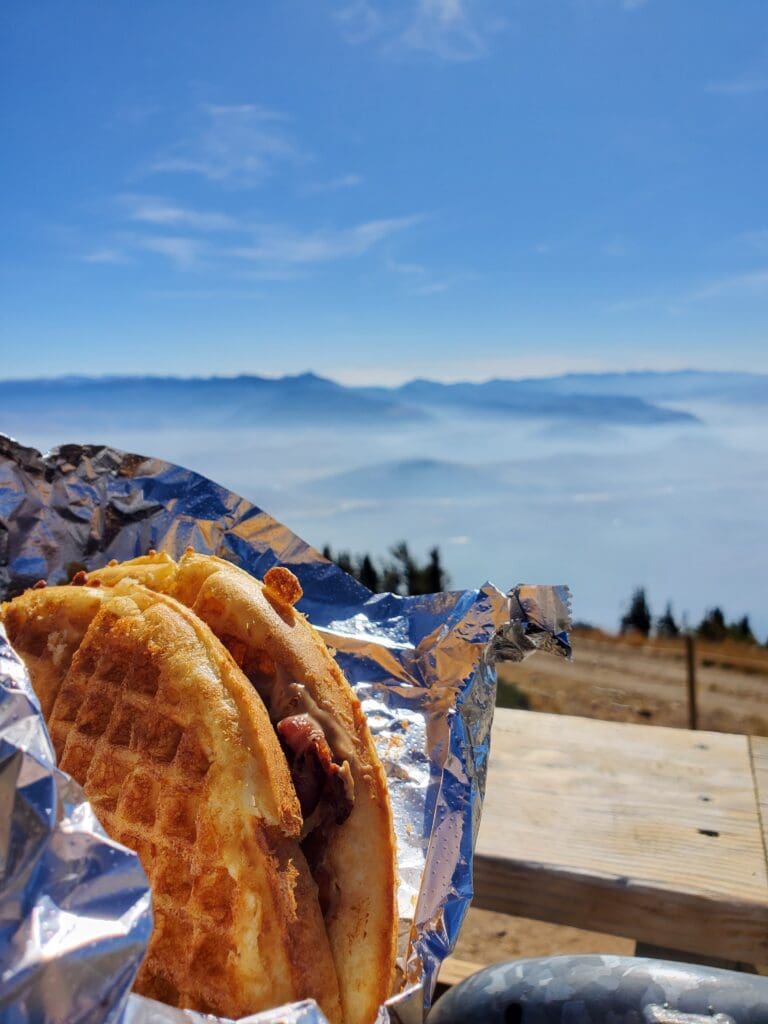 Golden waffles enjoyed outdoors with blue sky and Grand Teton mountain peaks in the background during a scenic morning in the park.