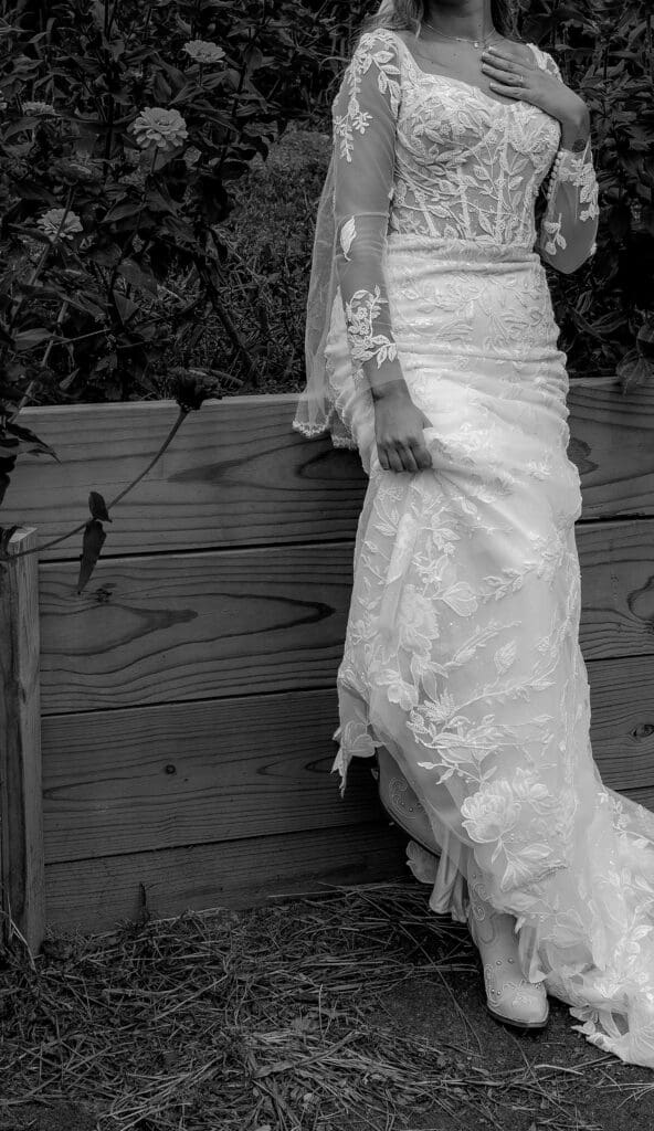 Black and white wedding photo series showcasing elegant lace wedding dress details at Hinckston Run Farm
