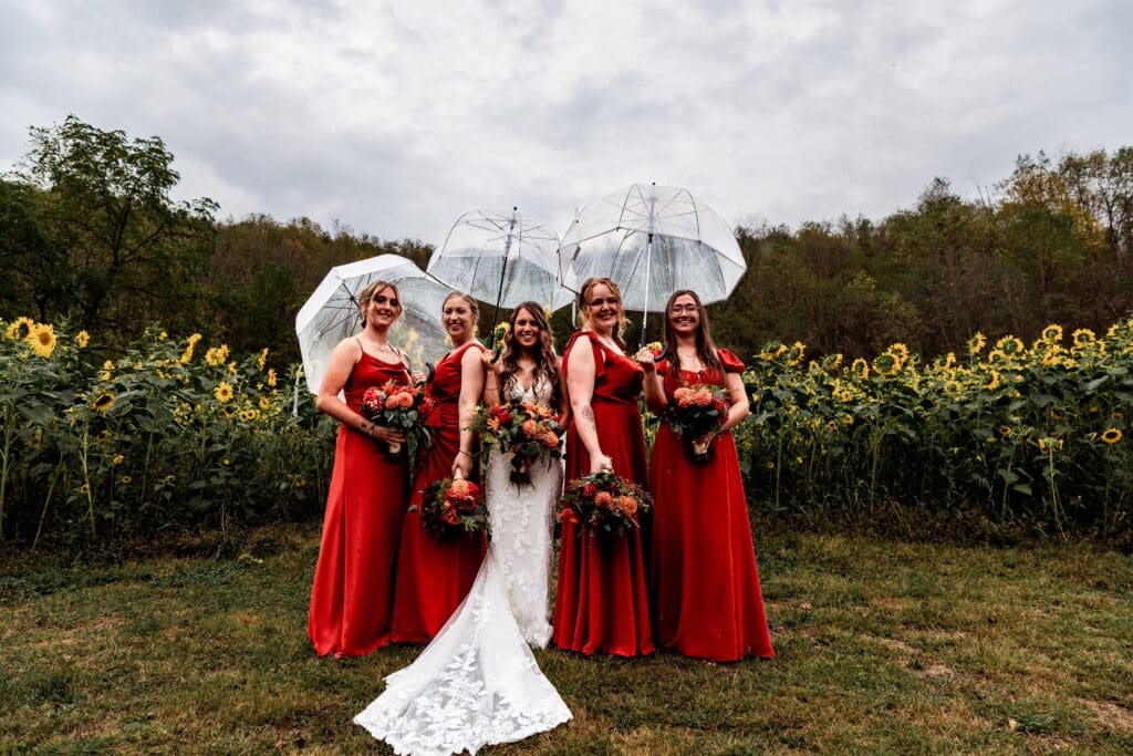 Bride and bridesmaids in terracotta dresses poses in sunflower field at Hinckston Run Farm