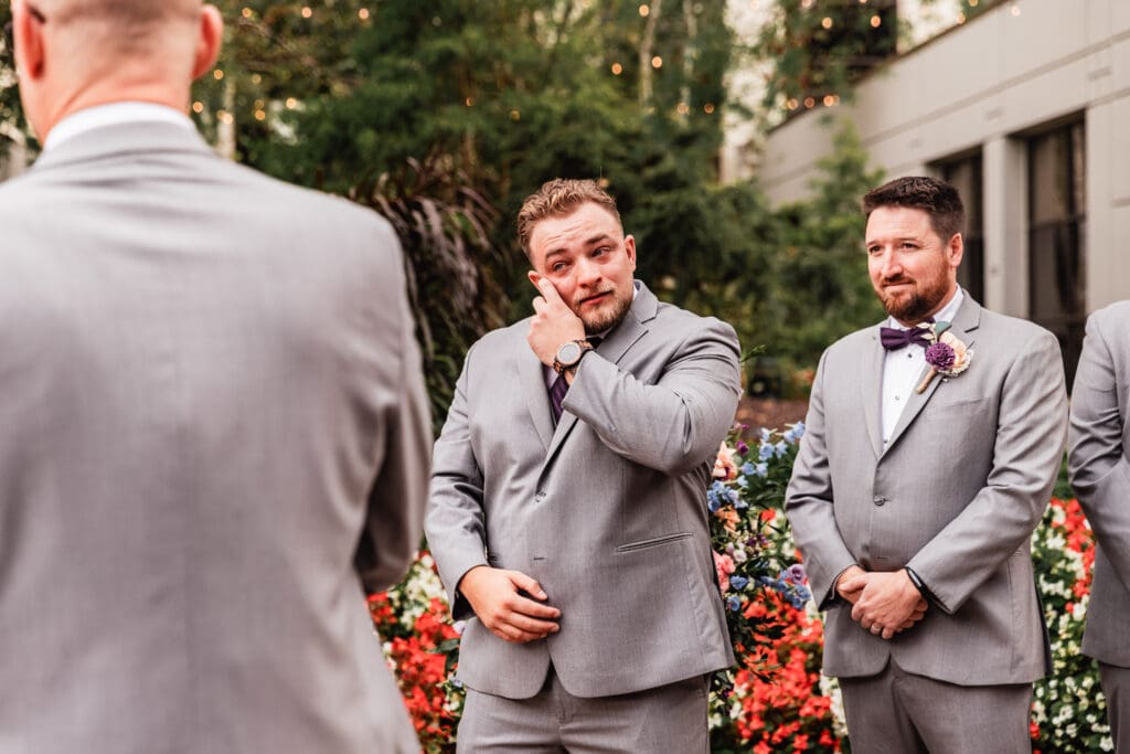 Groom becomes emotional as his bride walks down the aisle at Pittsburgh Airport Marriott wedding