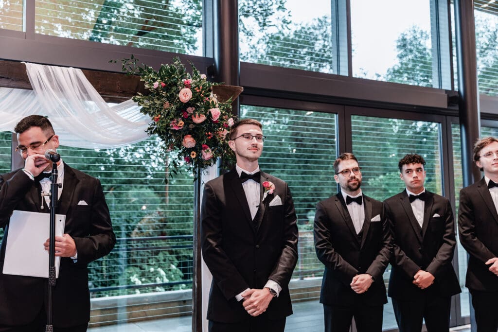 Groom’s emotional reaction seeing his bride at the altar during National Aviary wedding ceremony