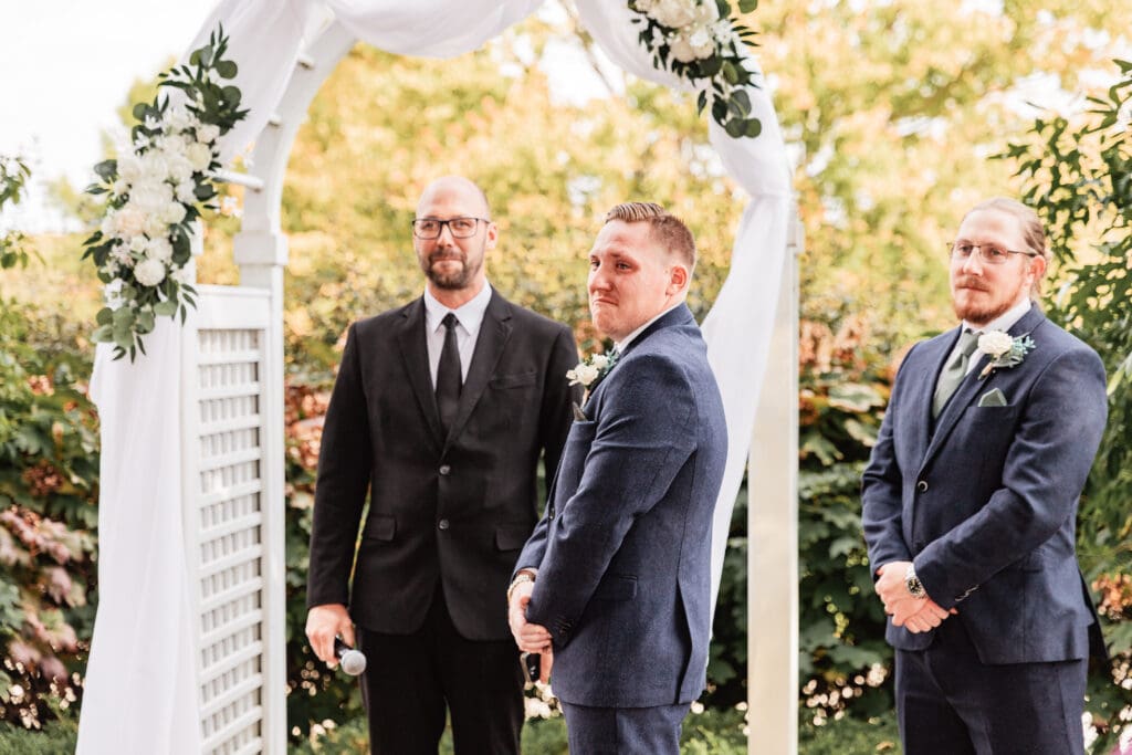 Pittsburgh groom tearing up as he sees bride down the aisle at Pinehall at Eisler Farm