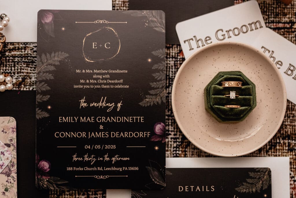 Elegant wedding rings displayed in a green velvet ring box on a vintage gold tray with florals during a Lingrow Farm wedding detail flat lay