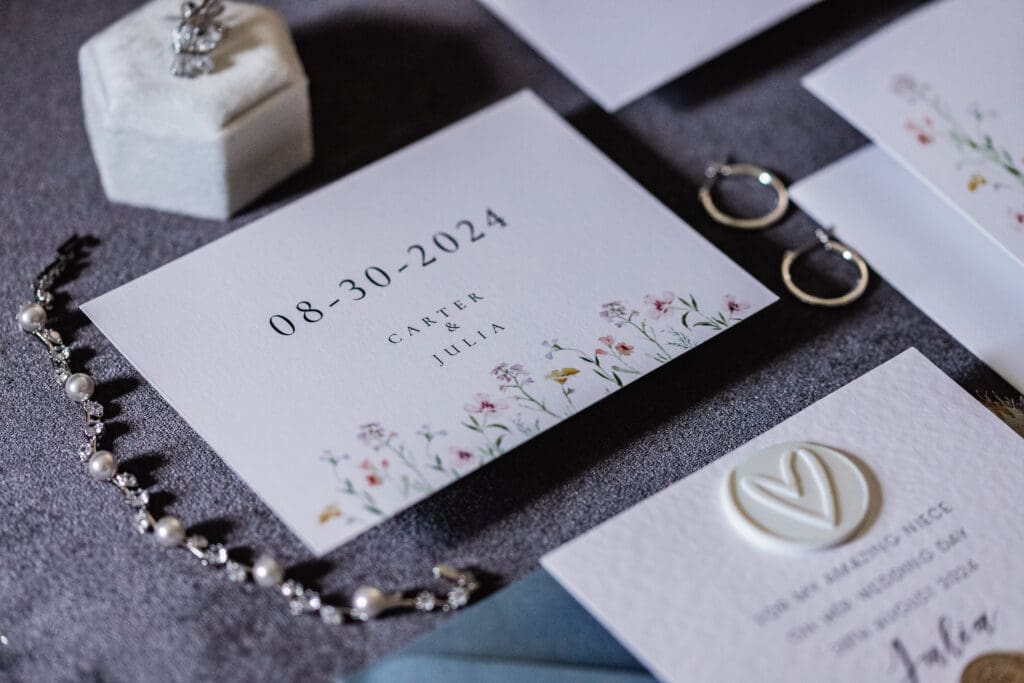 Close-up of wedding invitation, rings, and personal vows in the Willowbrook bridal suite in Volant, PA