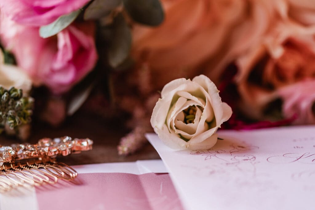 Close up of bridal bouquet flowers at The Gathering Place at Darlington Lake wedding