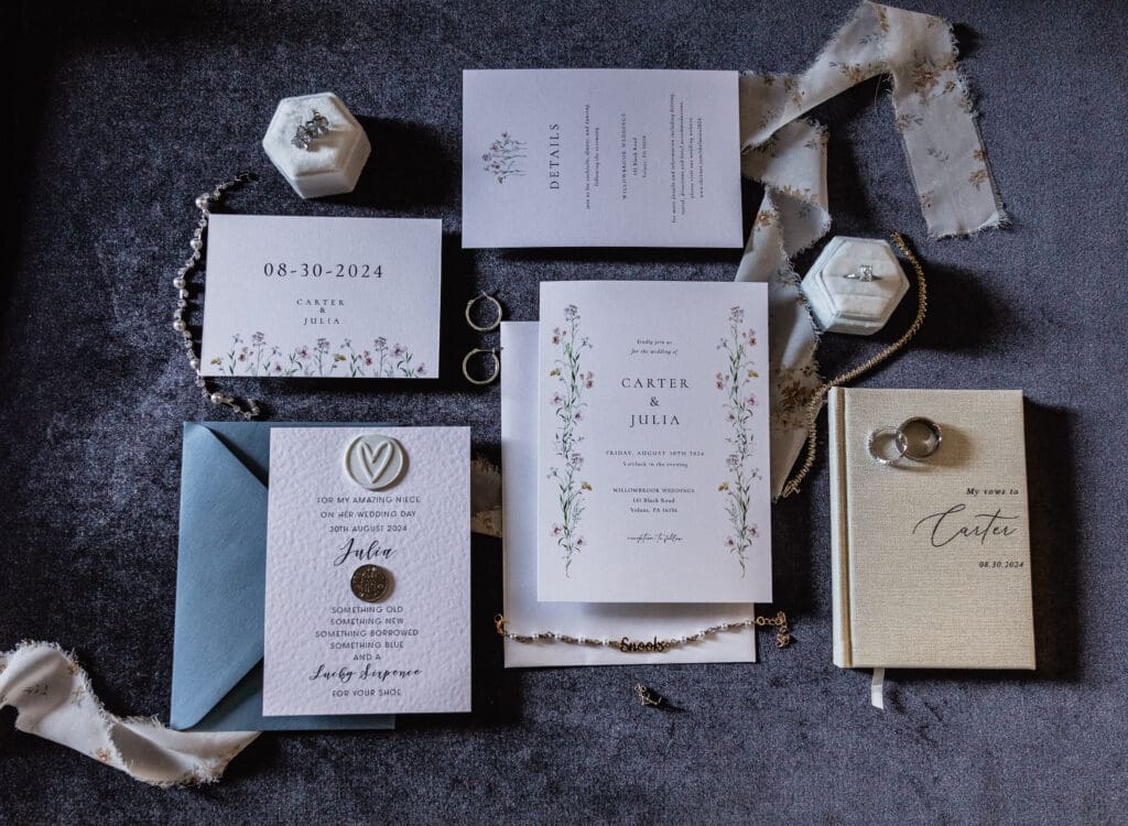 Wedding stationery suite with floral designs and rings photographed at Willowbrook in Volant, Pennsylvania