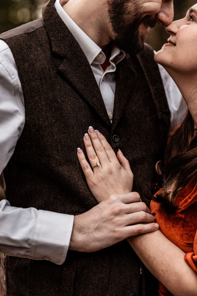 Close-up of an engagement ring photographed during a Coopers Rock State Park engagement session in West Virginia