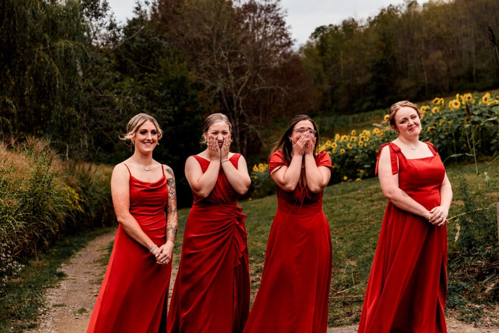 Bridesmaids react emotionally to bride’s first look at Hinckston Run Farm