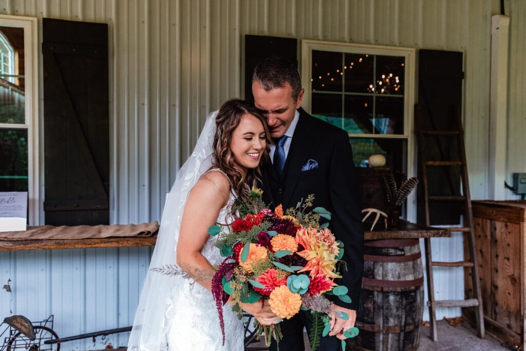 Bride shares emotional first look with her father at Hinckston Run Farm