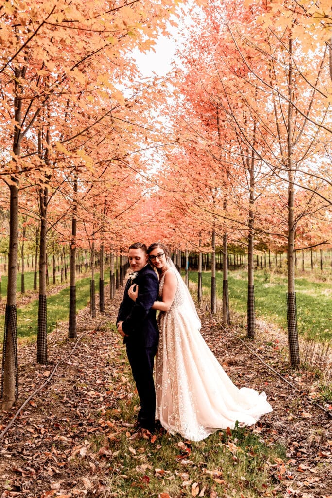 Wedding couple embrace in row of orange-leafed trees during fall wedding at Pinehall at Eisler Farm