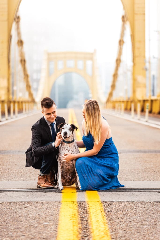 Couple kneels on a yellow-lined bridge with their spotted dog wearing a bowtie under warm golden light during an engagement session