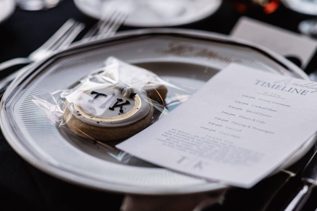 Close-up of a wedding reception table place setting at Le Mont in Mt. Washington