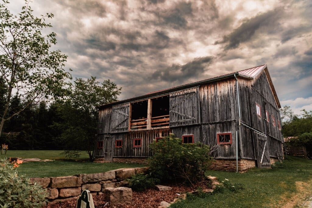 Rustic barn at Sanaview Farm photographed after a rainstorm in Somerset, Pennsylvania