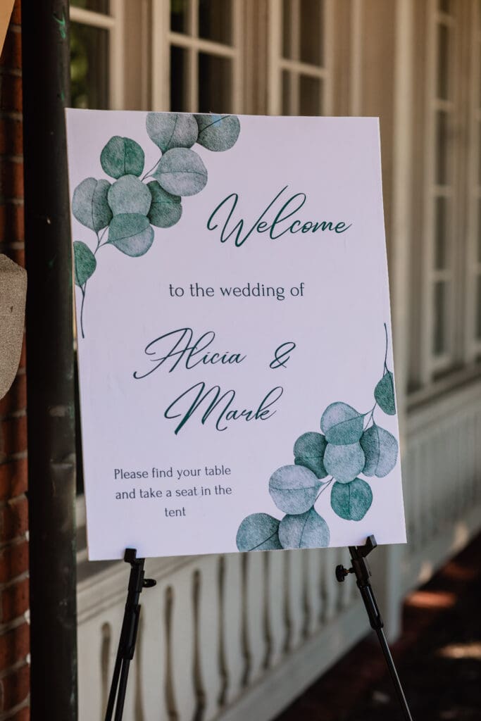 Close-up of wedding welcome sign at the entrance of Schenley Park Welcome Center in Oakland