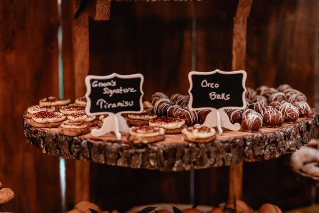 Close-up of signature wedding cookies displayed at The Barn at Ever Thine reception in Butler County, Pennsylvania
