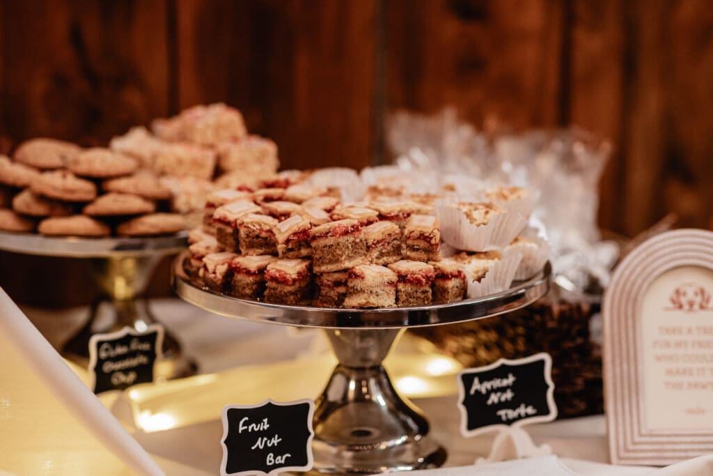 Close-up of assorted cookies displayed at a wedding reception at The Barn at Ever Thine in Butler County, Pennsylvania