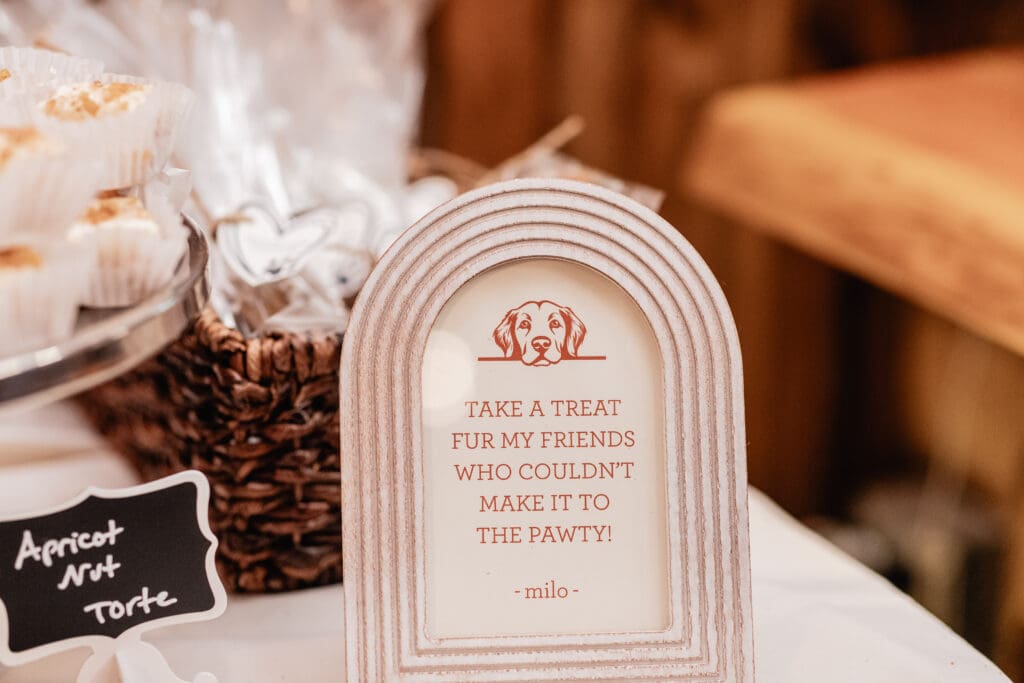 Close-up of signature dog cookies made for a wedding reception at The Barn at Ever Thine in Fenelton, PA