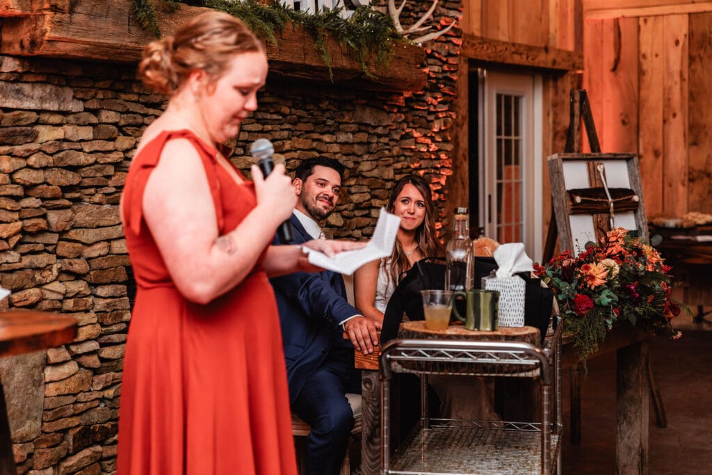 Bridesmaid gives heartfelt speech as couple listens at Hinckston Run Farm