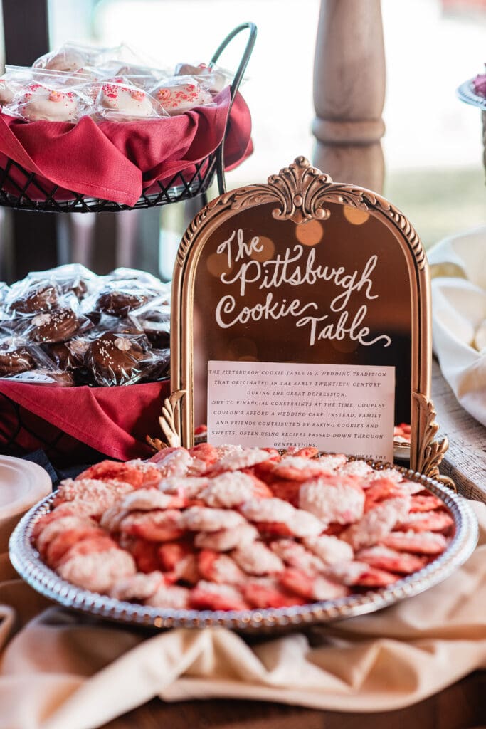 Close up of Pittsburgh cookie table sign at The Gathering Place at Darlington Lake wedding reception