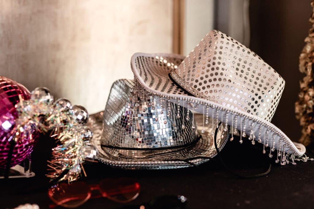 Photo booth props set out for guests during an intimate wedding reception at Le Mont in Pittsburgh