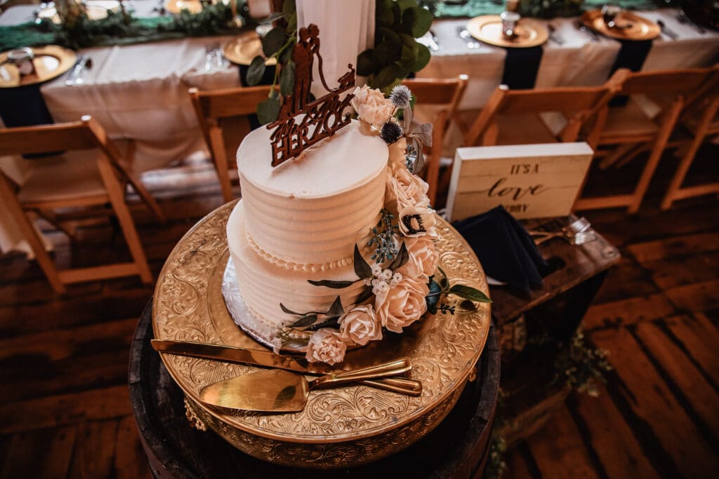 Photo from above of wedding cake at Pinehall at Eisler Farm reception