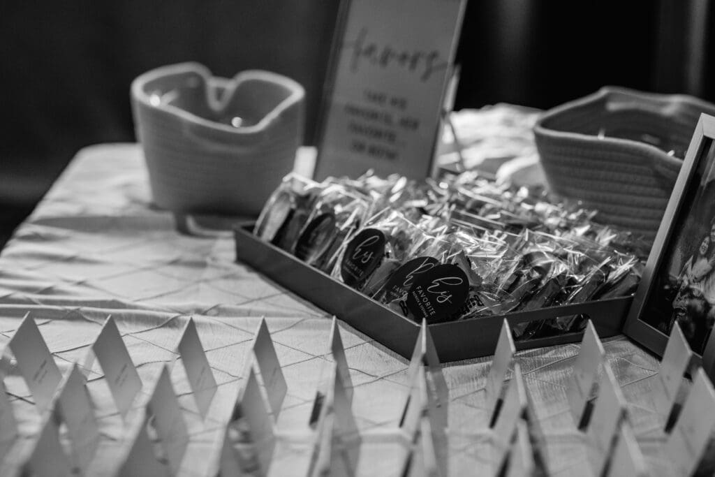 Black and white photo of wedding favors details at Sheraton Station Square