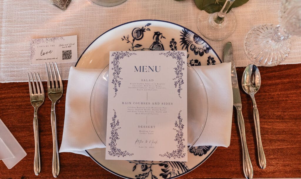 Elegant place setting with floral menu card at a Willowbrook wedding reception