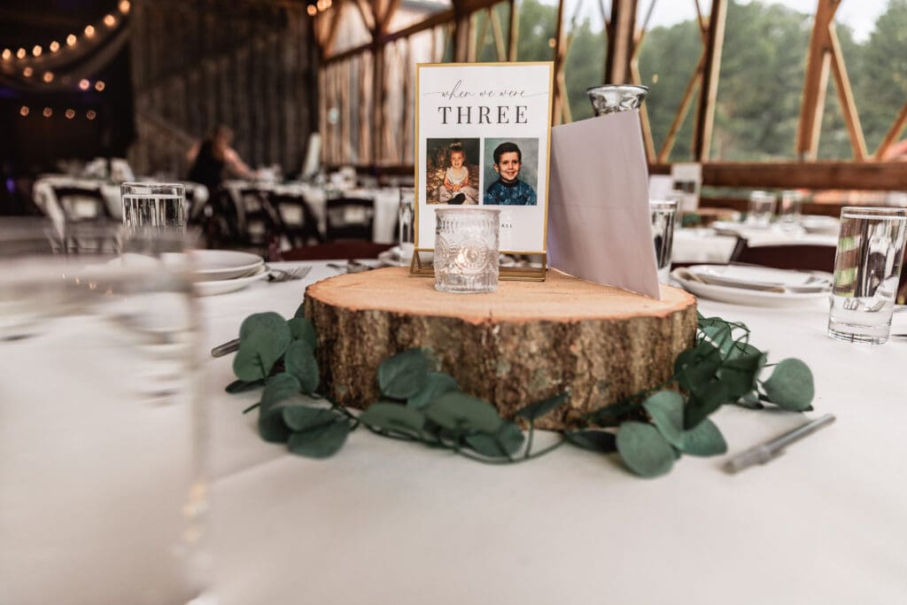 Close-up of a wedding reception centerpiece on tables at Sanaview Farm in Somerset, Pennsylvania
