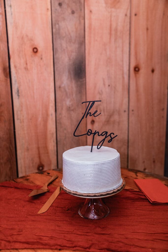White cake and serving utensils arranged on terracotta tablecloth at Hinckston Run Farm wedding reception