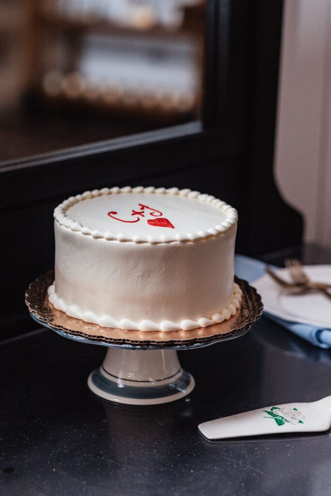 Close-up of wedding cake details at Willowbrook wedding reception in Volant, PA