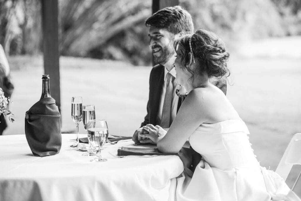 Black and white photo of couple holding hands during toasts at Succop Nature Park reception