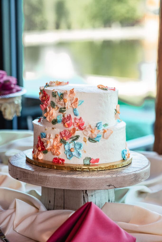 Close up of wedding cake at The Gathering Place at Darlington Lake reception