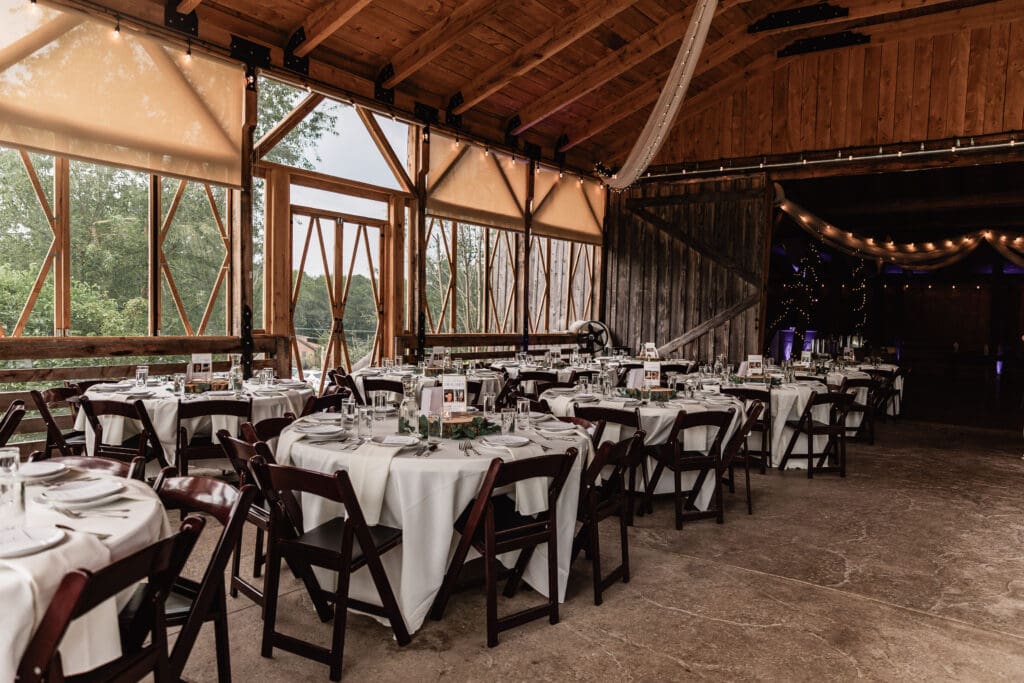 Wedding reception set up on the covered porch at Sanaview Farm in Somerset, PA
