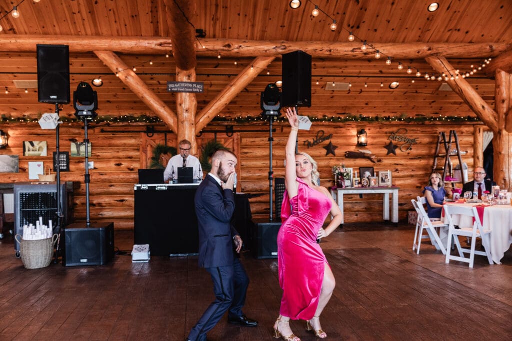 Bridal party making a fun entrance at The Gathering Place at Darlington Lake wedding reception