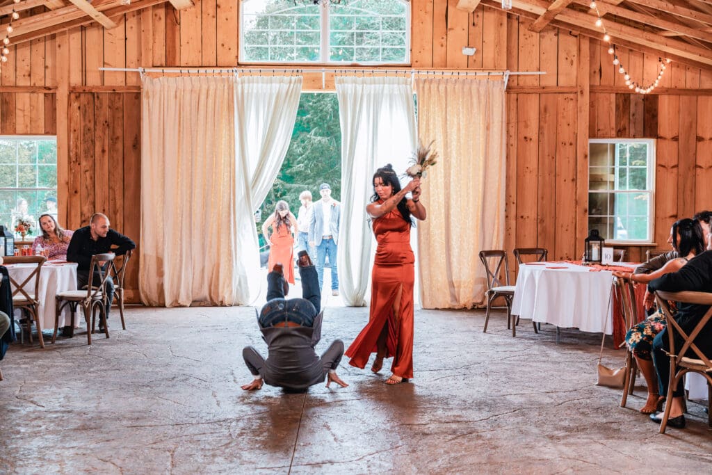 Bridal party making a grand entrance at Hinckston Run Farm wedding reception