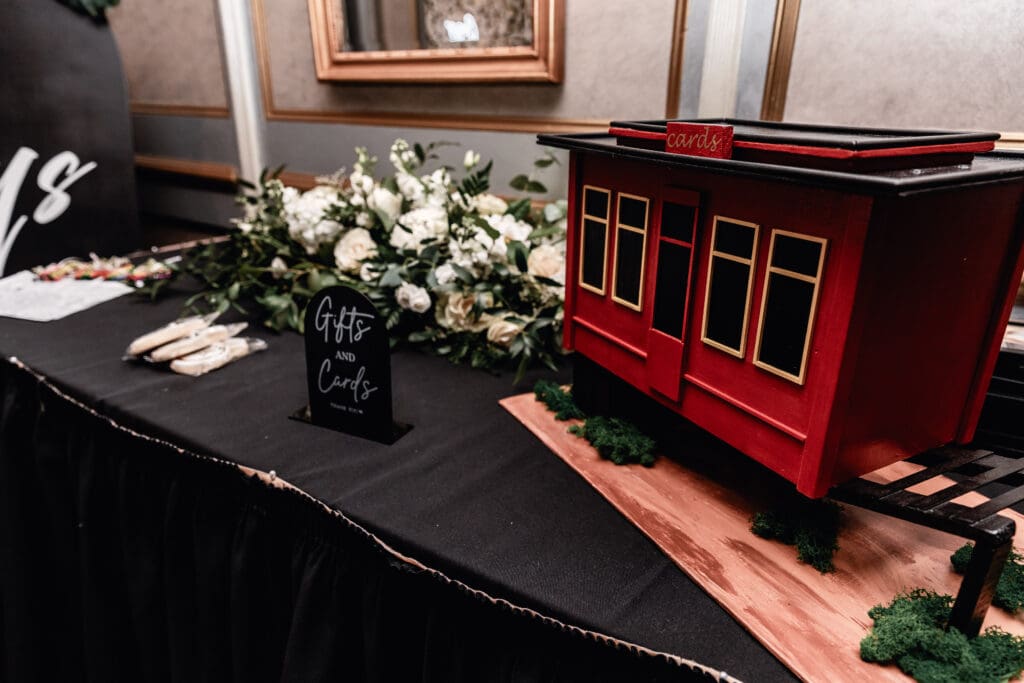 Close-up of a Pittsburgh Incline wedding card box on the gift table at a Le Mont wedding reception in Pittsburgh