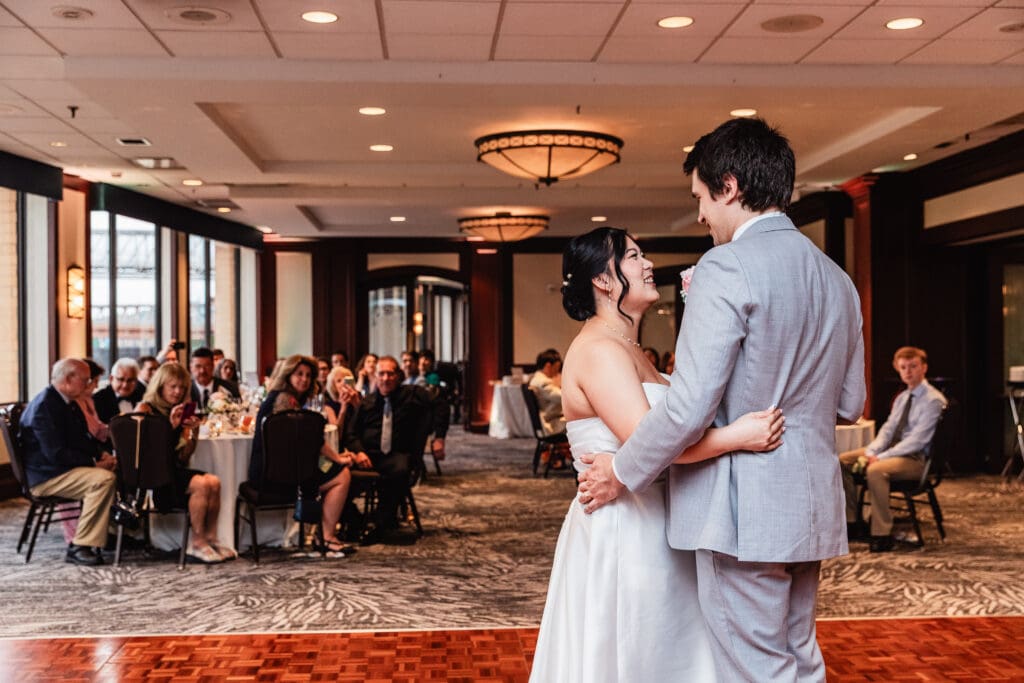 Wedding couple shares their first dance during their Sheraton Station Square reception