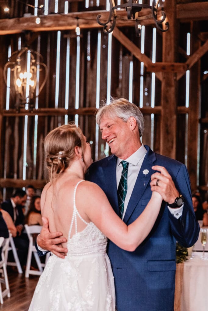 Bride dancing with her father during the wedding reception at The Barn at Ever Thine in Fenelton, PA