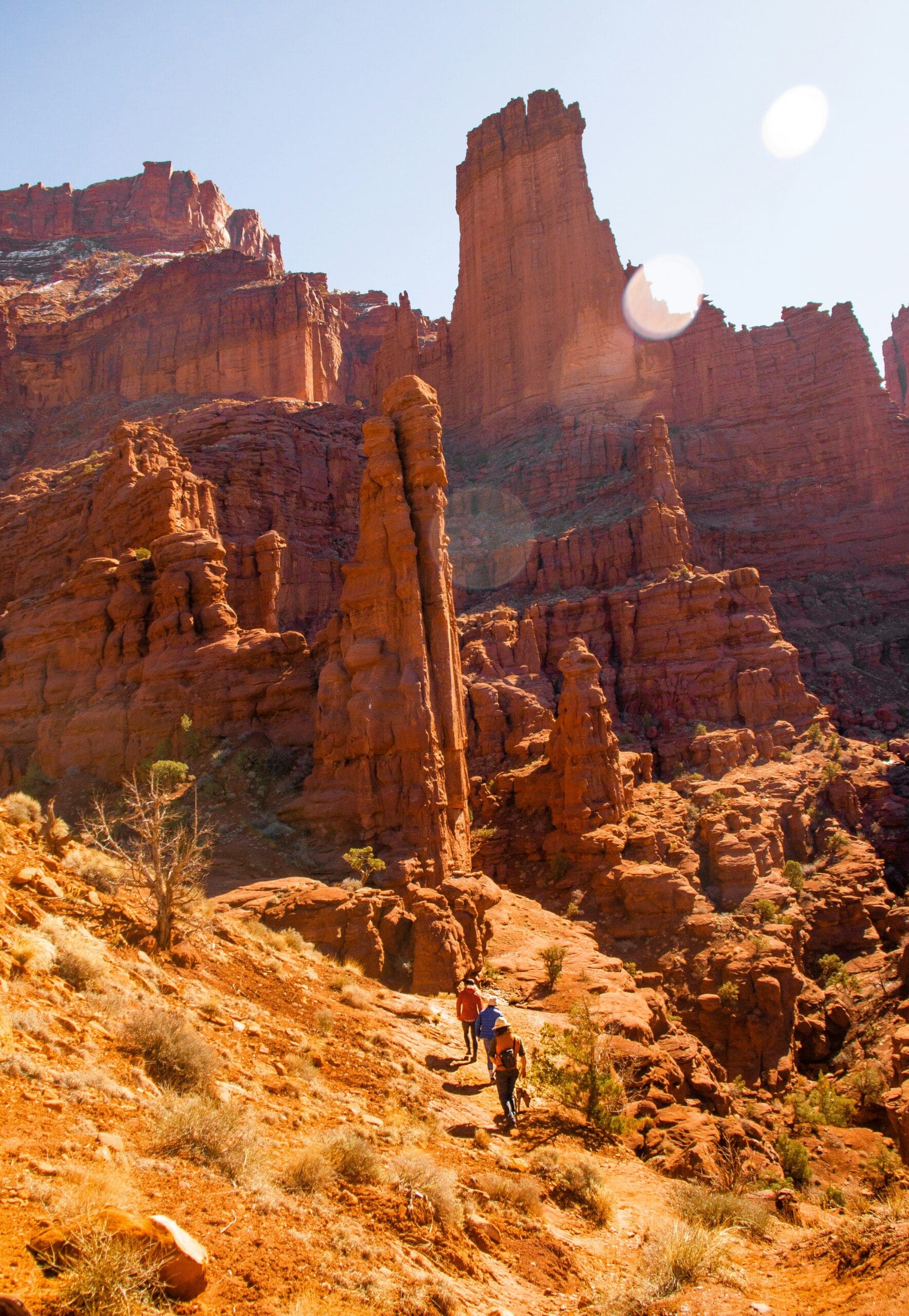 Fisher Towers near Moab, Utah featuring towering red rock spires and rugged desert terrain with dramatic textures and expansive canyon views