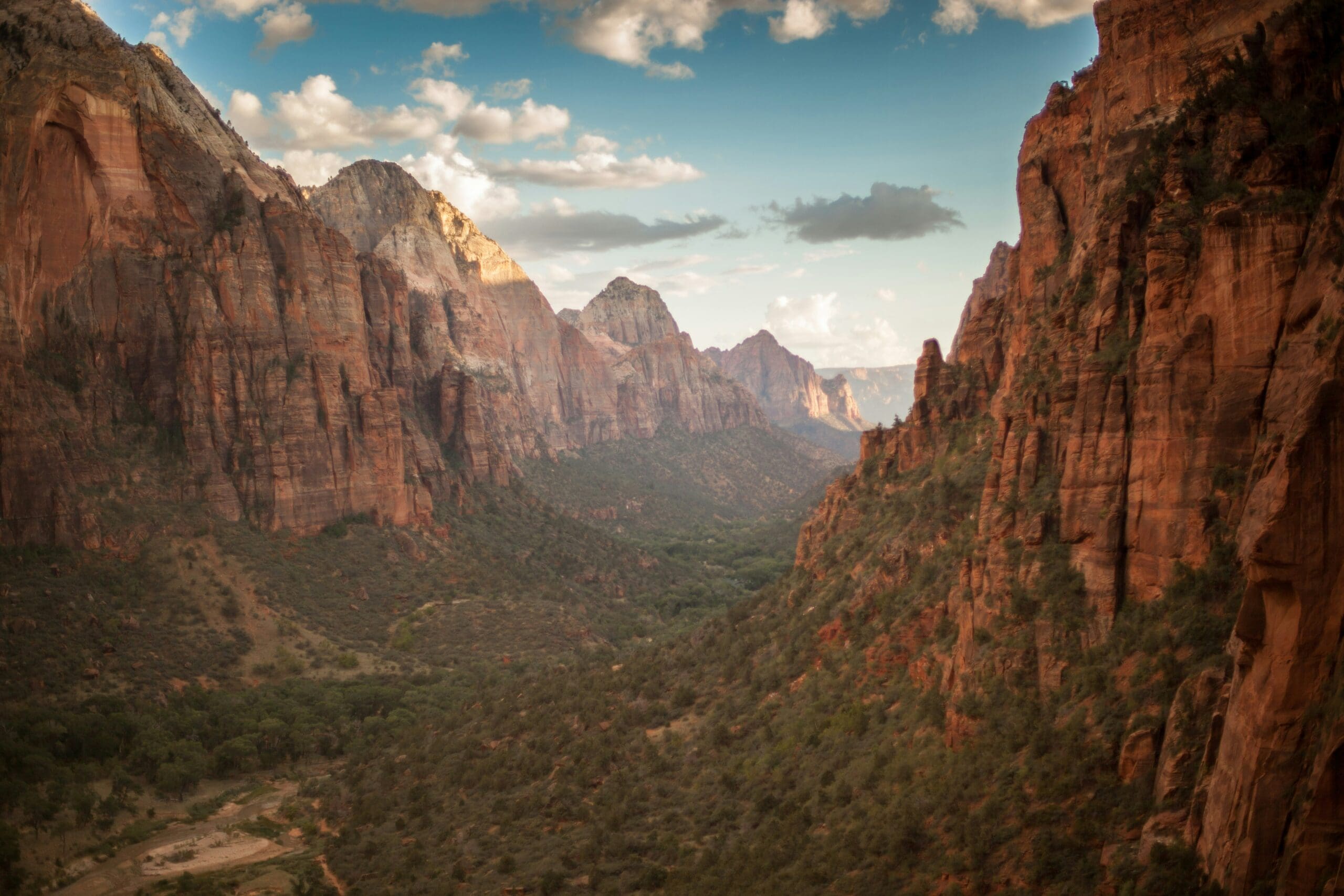 View from hiking trail overlooking steep canyon walls in Zion National Park